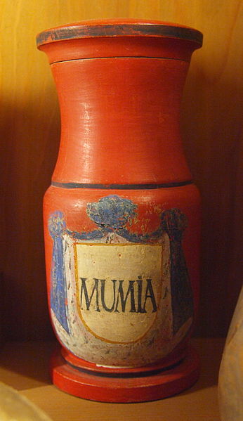 An apothecary container of "Mummia" or ground mummy paste used for medicinal purposes.